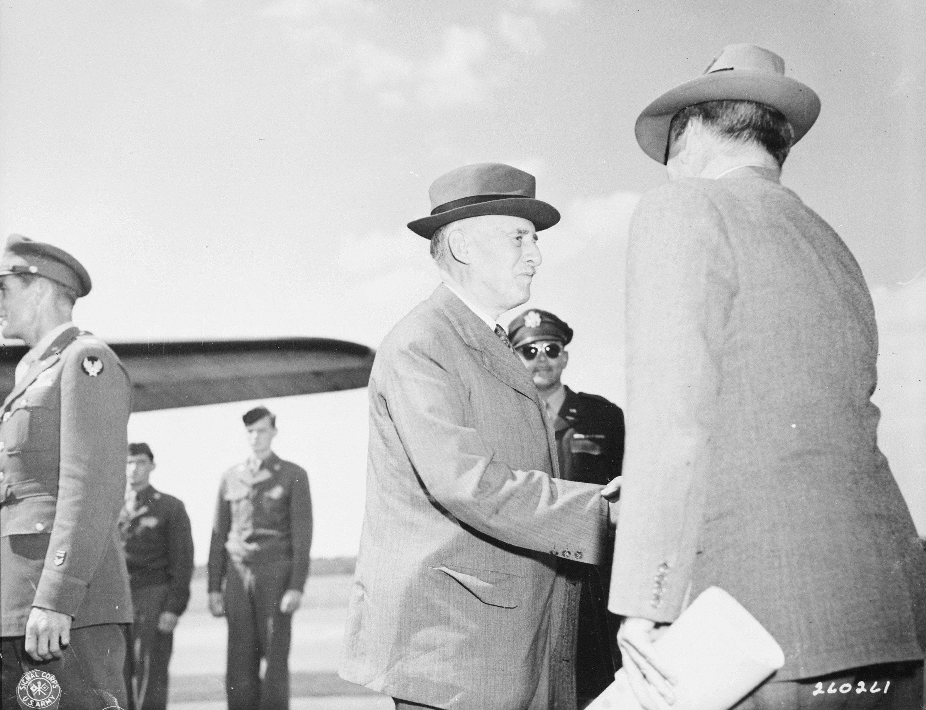 US Secretary of War Henry Stimson and Assistant Secretary of War John McCloy, Gatow Airfield, Berlin, Germany, 15 Jul 1945
