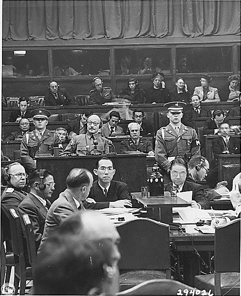 Tojo taking a stand for the first time at the International Tribunal trials, Tokyo, Japan, late 1940s