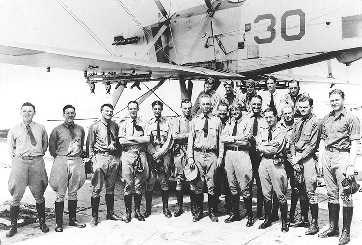 Commander Richmond Turner (center) with other aviators at Naval Air Station, Pensacola, Florida, United States, 1927