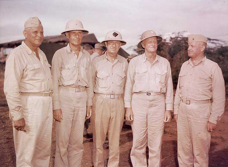 Geiger, Spruance, H. Smith, Nimitz, and Vandegrift at Guam, 11 Aug 1944