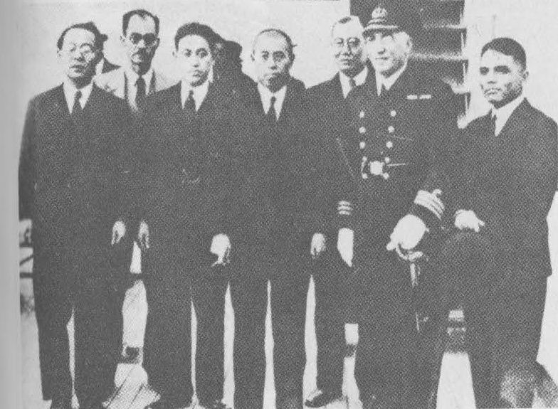 Vice Admiral Isoroku Yamamoto (center) arriving at Southampton, England, United Kingdom for the Third London Naval Conference, 16 Oct 1935