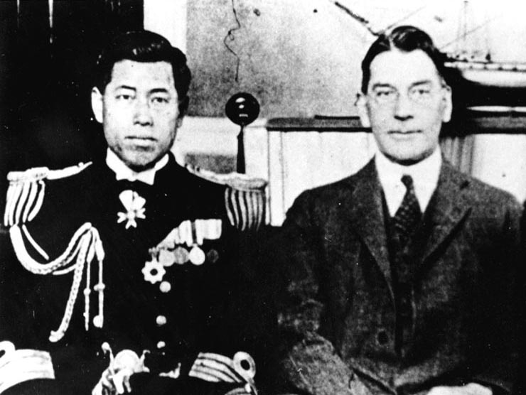 Captain Isoroku Yamamoto with US Secretary of the Navy Curtis Wilbur circa 1925-1928; note Order of the Golden Kite at Yamamoto's collar