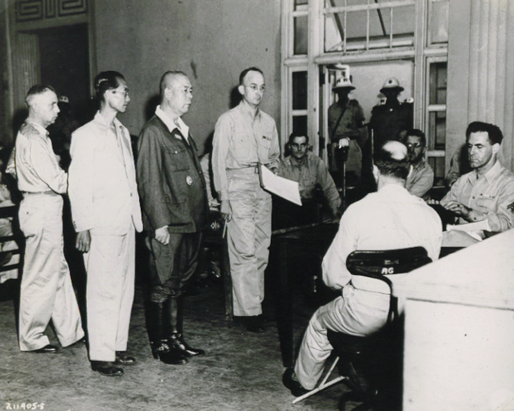 Clarke, Hamamoto, Yamashita, Hendricks, and Guy, at Yamashita's arraignment, Manila, Philippines, 8 Oct 1945