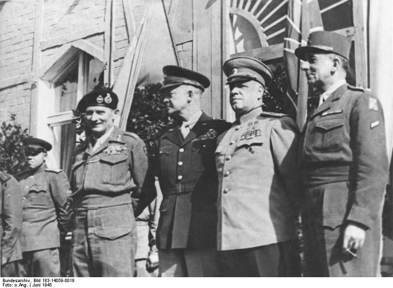 Bernard Montgomery, Dwight Eisenhower, Georgi Zhukov, and Jean de Lattre de Tassigny in Berlin, Germany, 5 Jun 1945