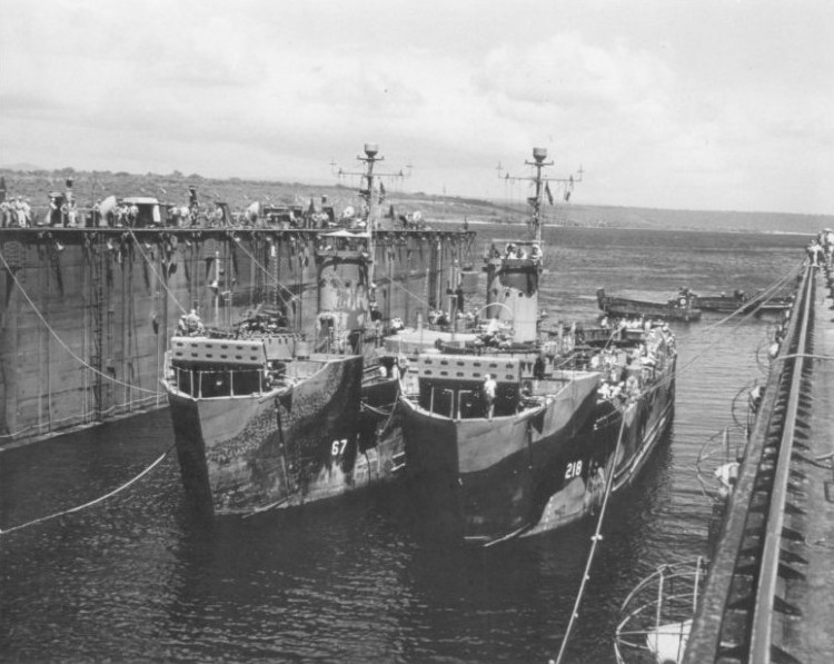 USS ABSD-1 with USS LSM-67 and USS LSM-218 in the dock, Espiritu Santo, New Hebrides, 17 Nov 1944