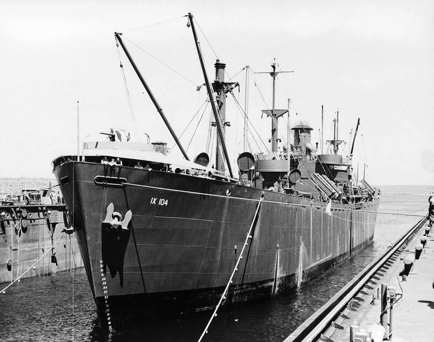 USS ABSD-1 with USS P. H. Burnett in the dock, Espiritu Santo, New Hebrides, 2 Feb 1945