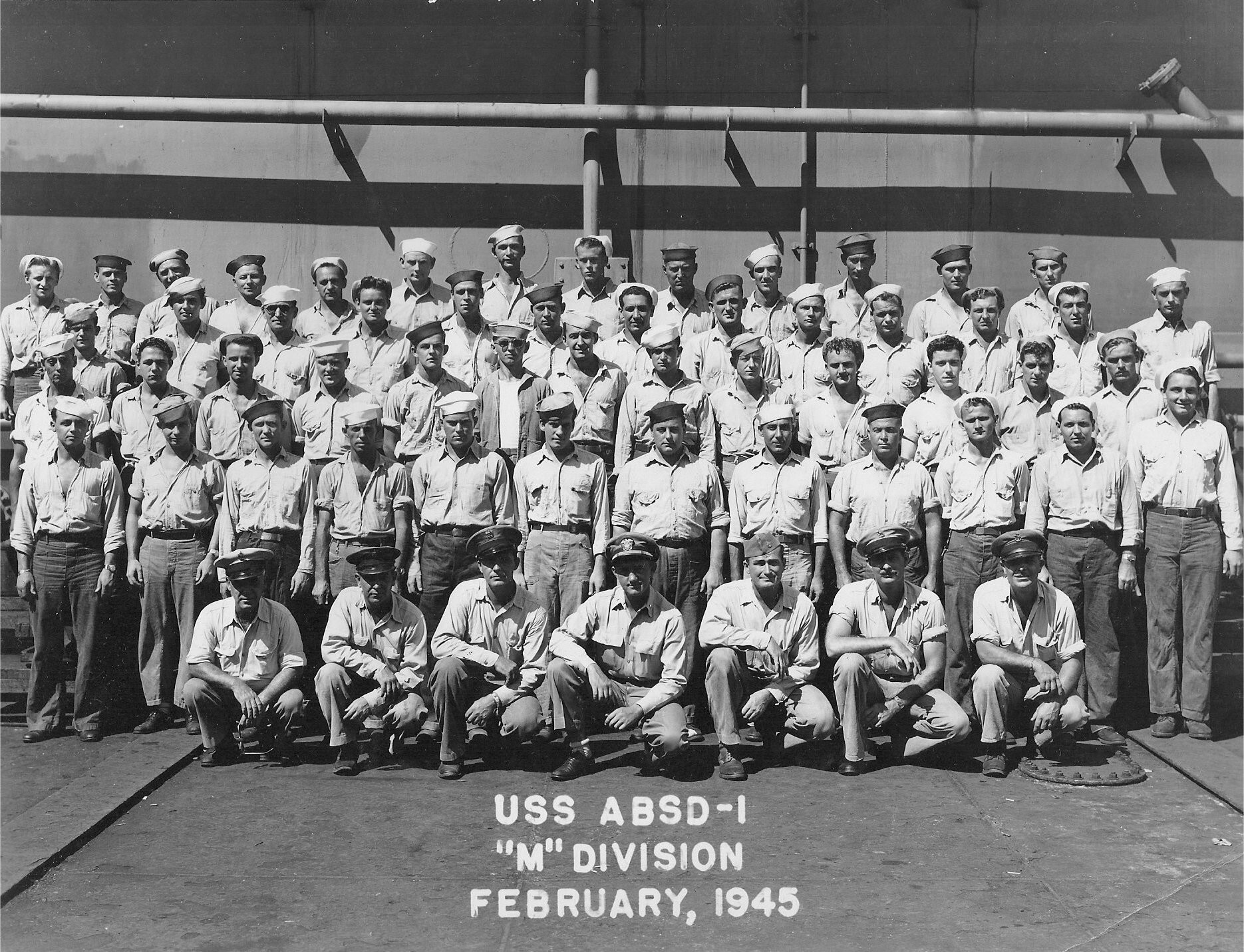M Division of USS ABSD-1, Feb 1945; Ensign Arthur G. Crawford front row center