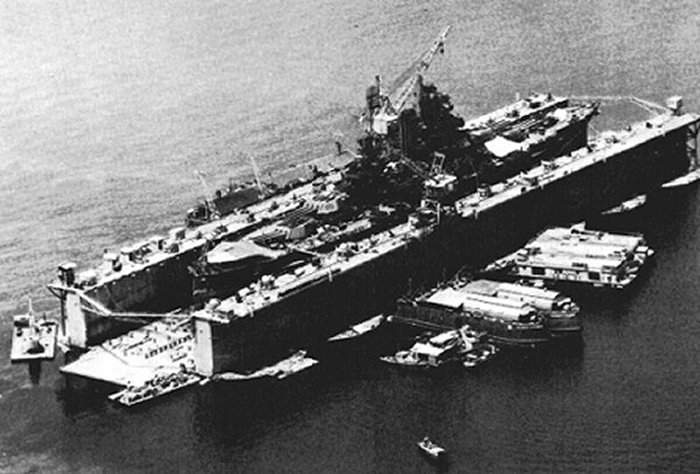 USS ABSD-2 with USS Mississippi in the dock, Manus, Admiralty Islands, 12 Oct 1944