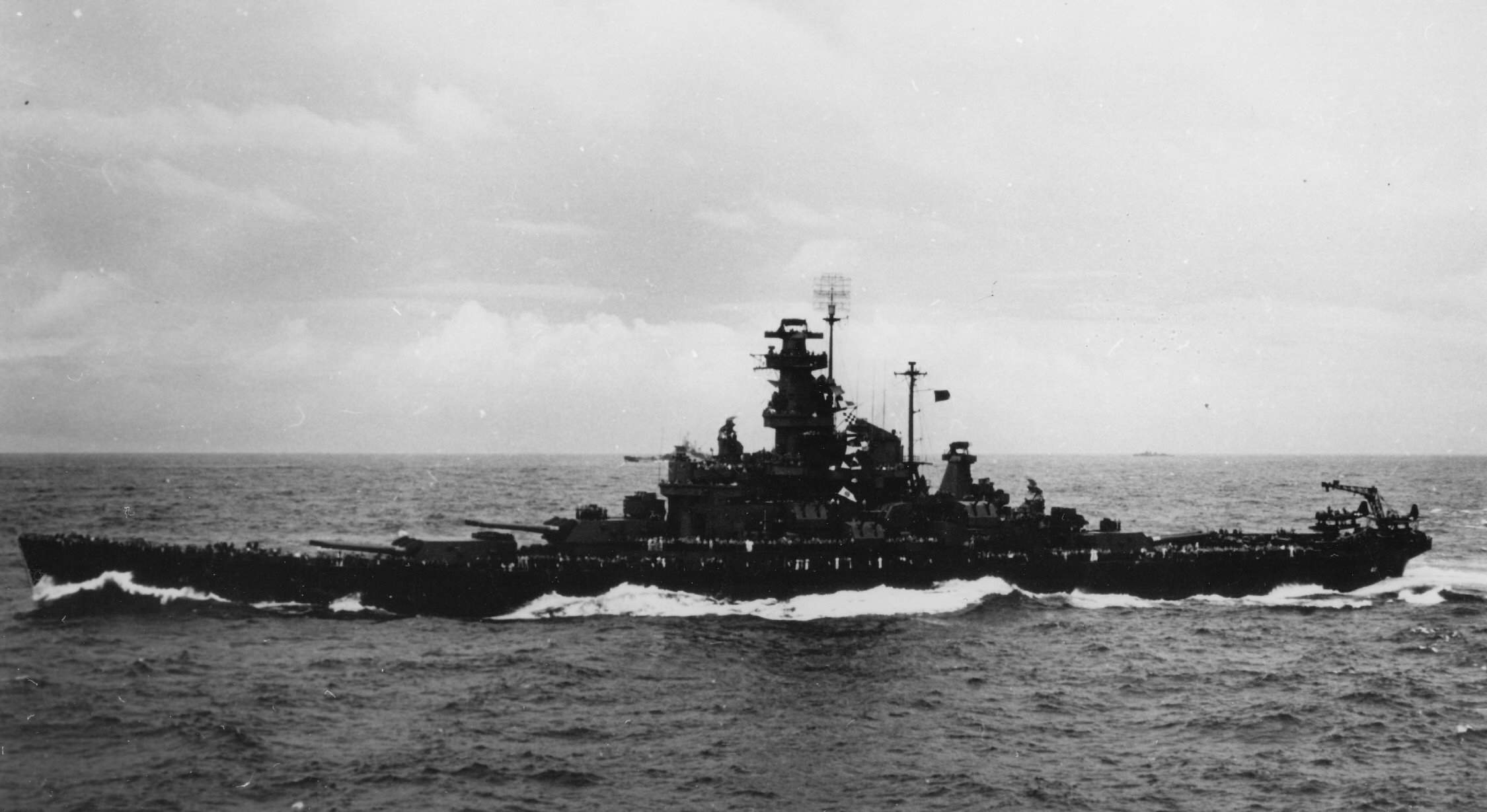USS Alabama en route to Gilbert islands, 12 Nov 1943; note USS Indiana in distance and another ship in background; photo taken from USS Monterey