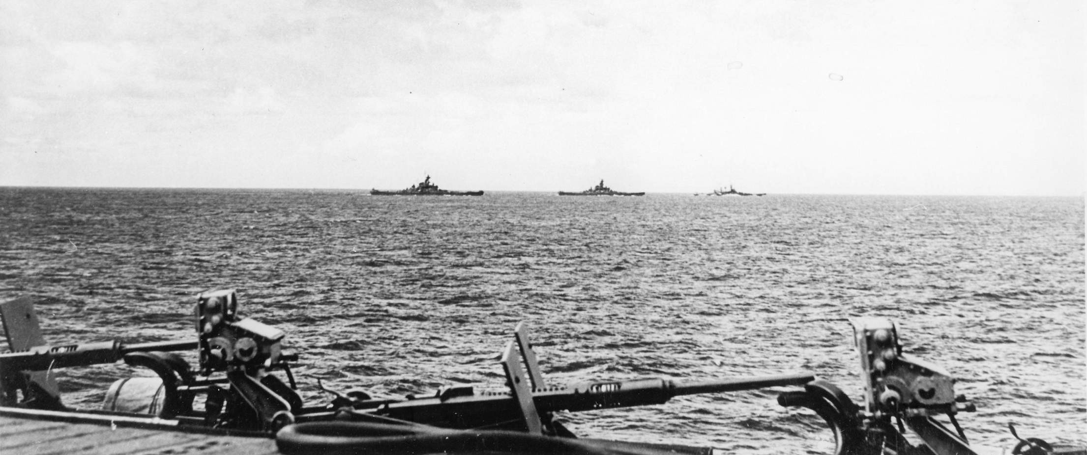 USS South Dakota, USS Alabama, and USS North Carolina underway in the South Pacific, 25 Jan 1944; photo taken from USS Intrepid
