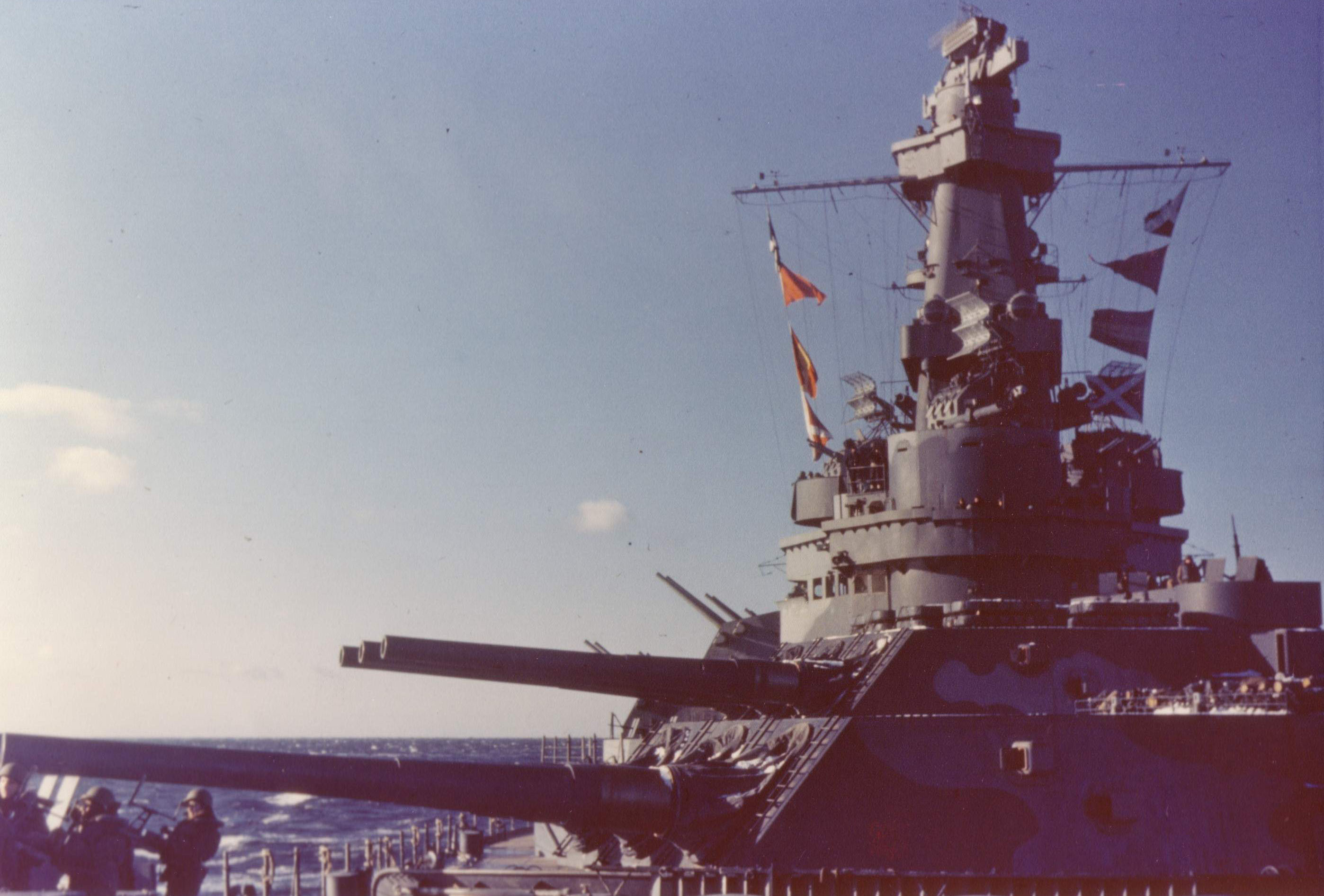 View of USS Alabama from the bow during her shakedown period, Casco Bay, Maine, United States, Jan 1943