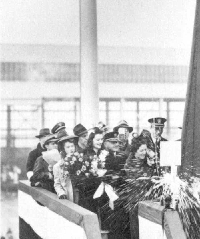 Henrietta McCormick Hill, wife of Alabama senator Lister Hill, christening battleship Alabama at Norfolk Naval Shipyard, Portsmouth, Virginia, United States, 16 Feb 1942