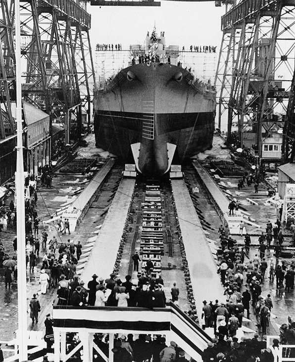 Launching of battleship Alabama, Norfolk Naval Shipyard, Portsmouth, Virginia, United States, 16 Feb 1942