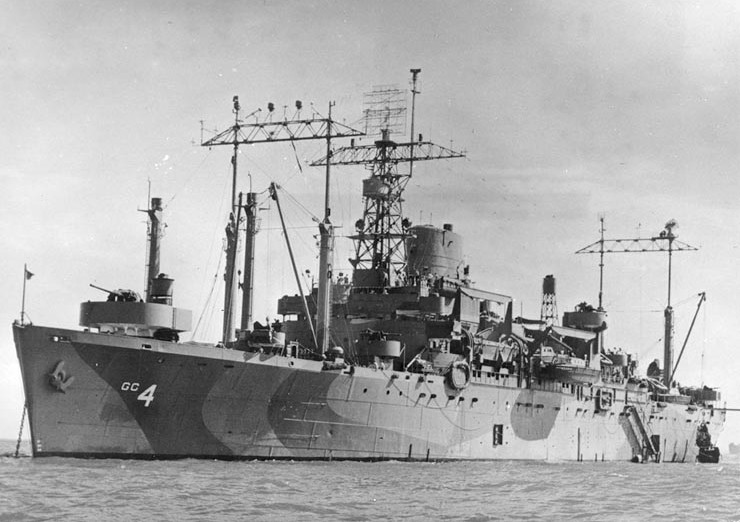 USS Ancon at anchor, Manila Bay, Philippine Islands, mid-Aug 1945, photo 1 of 2; note Measure 31a, Design 18Ax camouflage