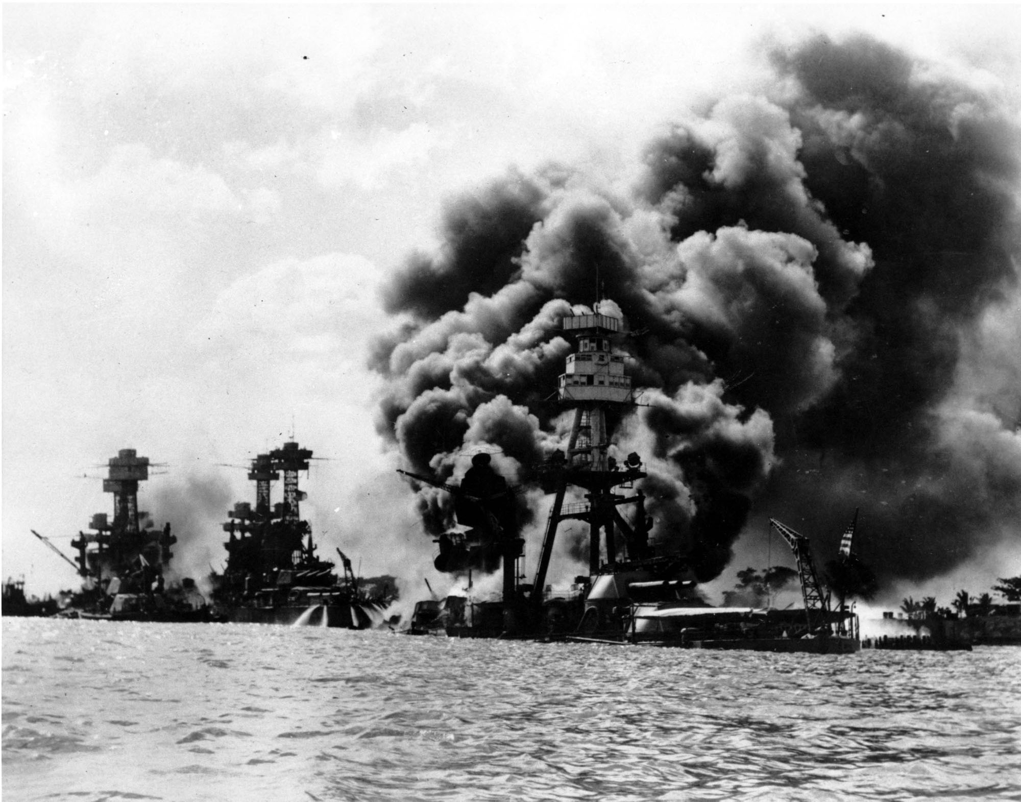 USS West Virginia, USS Tennessee, and USS Arizona during the Pearl Harbor attack, US Territory of Hawaii, 7 Dec 1941