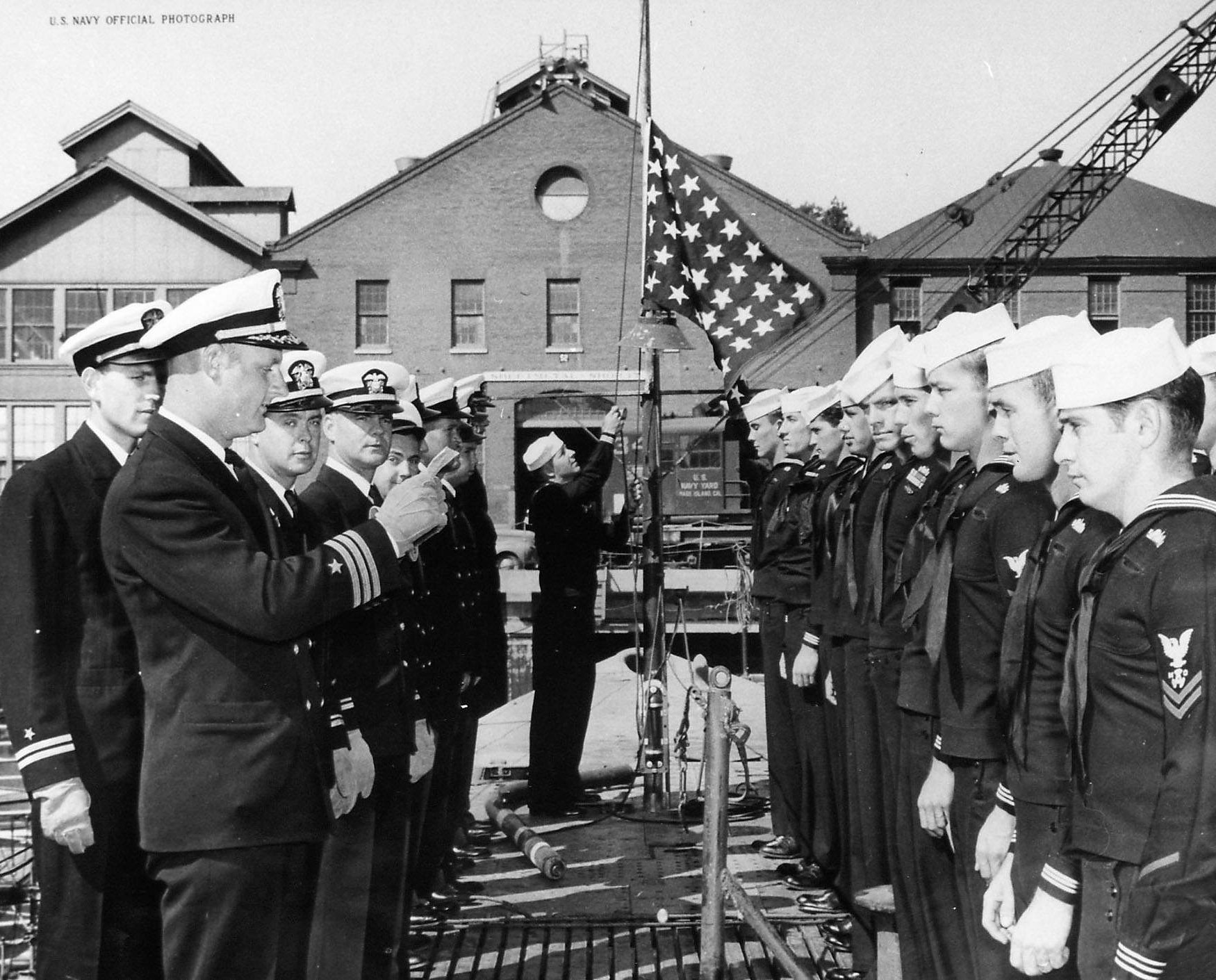 Commander Samuel Bussey at the commissioning ceremony of USS Barbero, Mare Island Naval Shipyard, Vallejo, California, United States, 26 Jul 1948