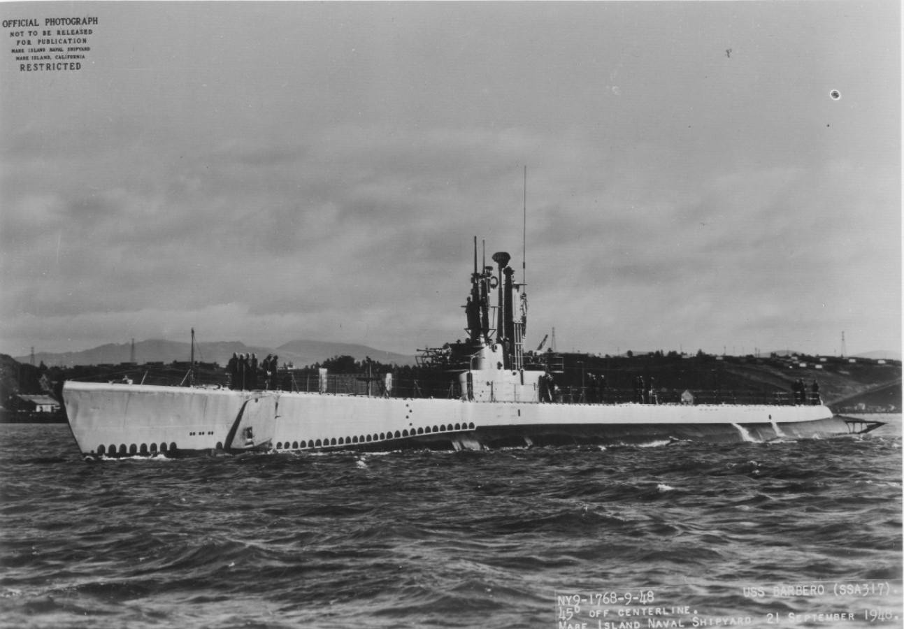 Port side view of USS Barbero, off Mare Island Naval Shipyard, Vallejo, California, United States, 21 Sep 1948