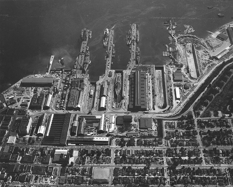 Puget Sound Navy Yard, Bremerton, Washington, United States, 25 Jul 1941, photo 2 of 4; note AVPs Barnegat, Biscayne, Casco, Mackinac, BB Colorado, AG Utah, AK Aroostook, and AR Prometheus