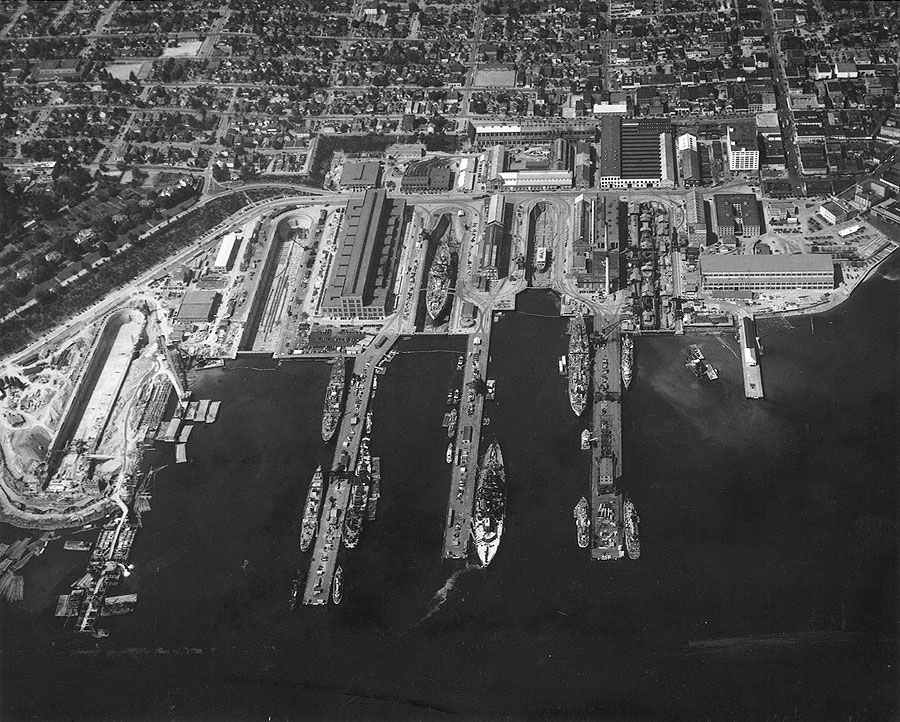 Puget Sound Navy Yard, Bremerton, Washington, United States, 25 Jul 1941, photo 3 of 4; note AVPs Barnegat, Biscayne, Casco, Mackinac, BB Colorado, AG Utah, AK Aroostook, and AR Prometheus