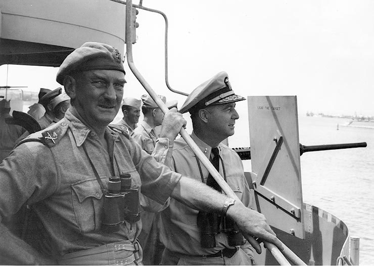 British Army General J. L. Hawksworth and US Navy Rear Admiral Richard L. Connolly aboard Biscayne, 6 Sep 1943, while preparing for Salerno, Italy landings