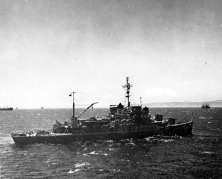 Biscayne participating in amphibious exercises off Arzew, Algeria as flagship of US Navy Rear Admiral B. J. Rodgers, 10-11 Jun 1944