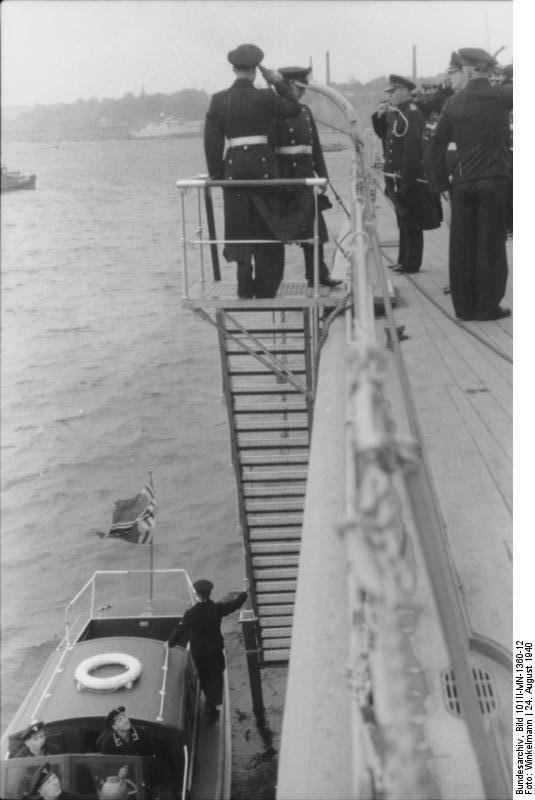 Commissioning ceremony of German battleship Bismarck, 24 Aug 1940, photo 02 of 10; Captain Ernst Lindemann coming aboard