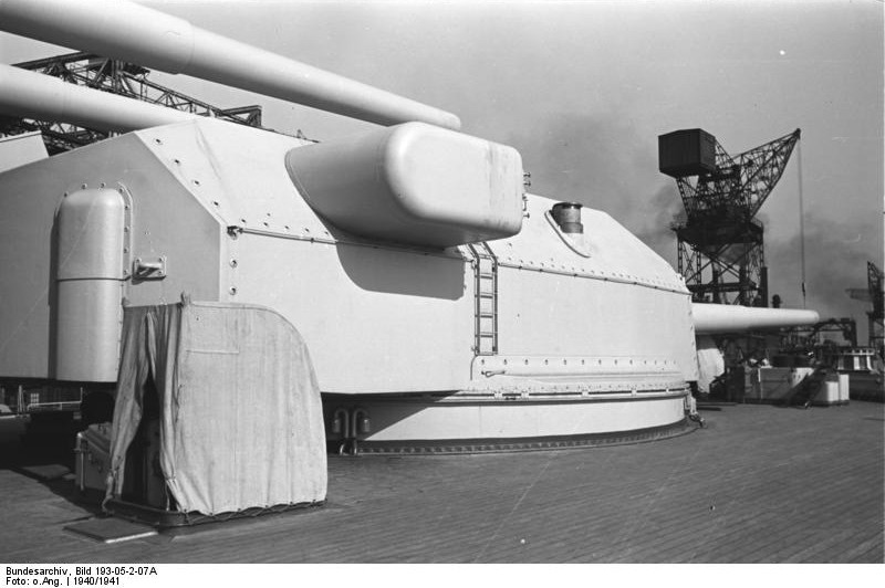 Close up view of 'Anton' turret aboard battleship Bismarck, 1940-1941