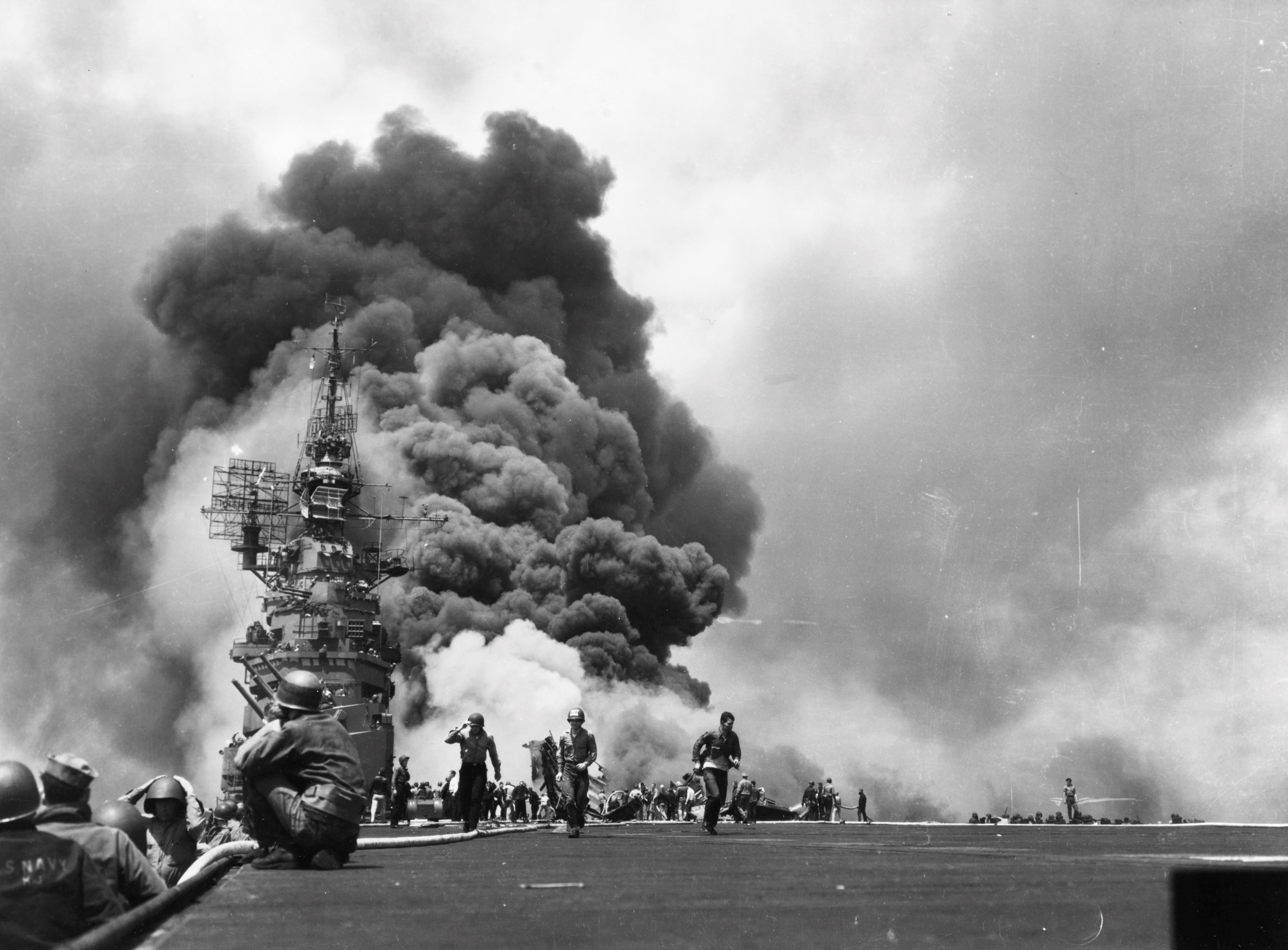 Carrier USS Bunker Hill burning after the second special attack off Okinawa, Japan, 11 May 1945