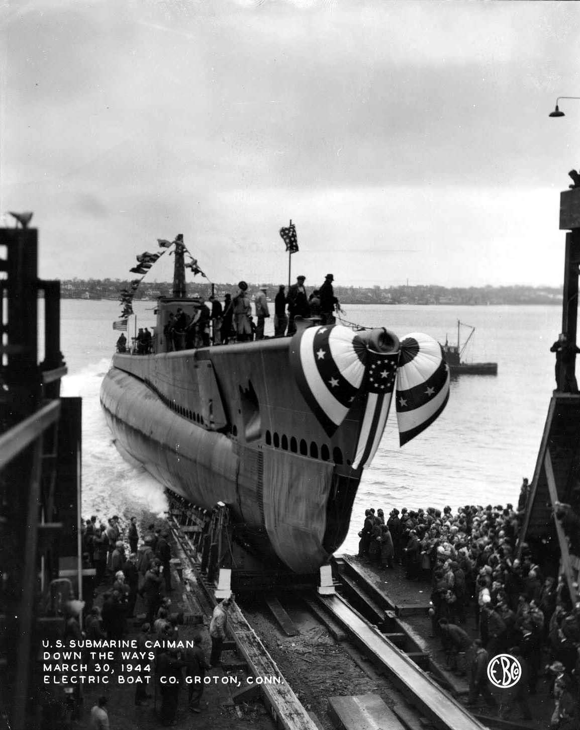 Launching of submarine Caiman, Electric Boat Company, Groton, Connecticut, United States, 30 Mar 1944
