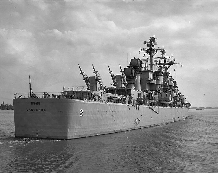 Guided missile cruiser Canberra in the Delaware River for post-conversion trials, 14 May 1956, photo 2 of 2