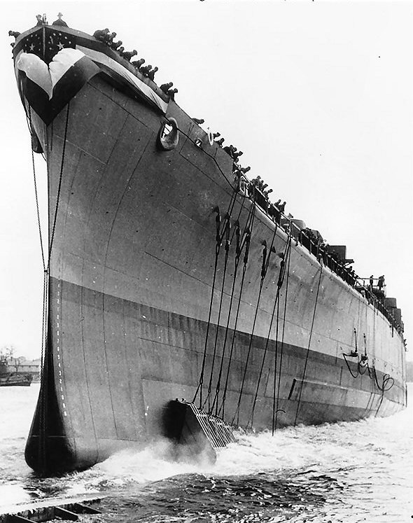 Launching of Canberra, Bethlehem Steel Company Fore River Shipyard, Quincy, Massachusetts, United States, 19 Apr 1943