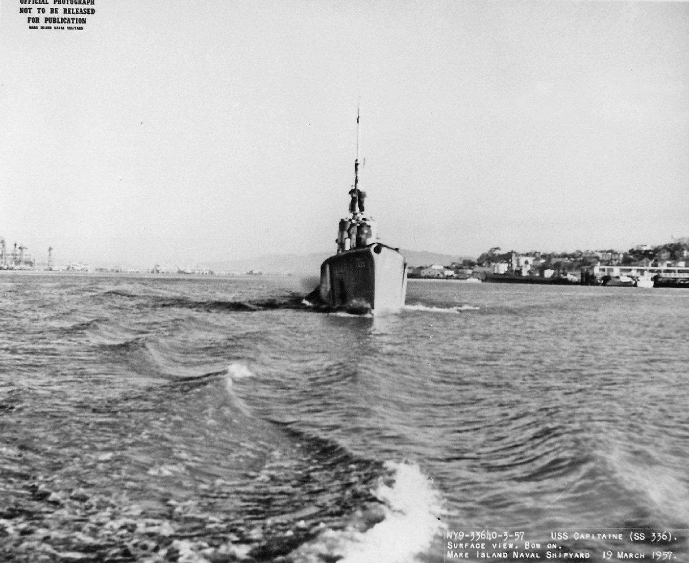 Bow view of USS Capitaine off Mare Island Navy Yard, Vallejo, California, United States, 8 Mar 1957