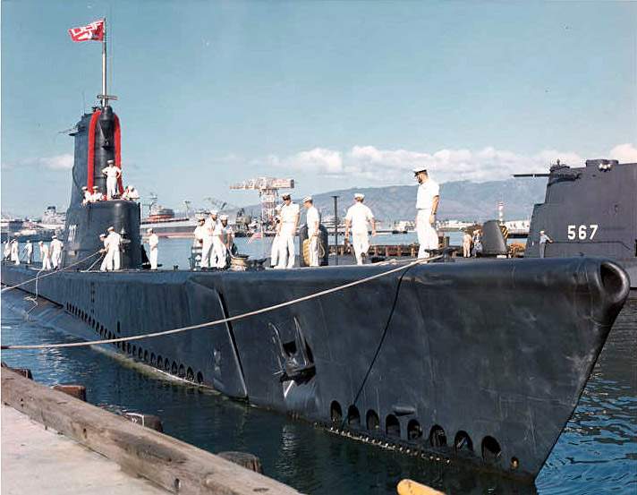 USS Carbonero (foreground) and USS Gudgeon (background) at Pearl Harbor, Hawaii, United States, circa 1963