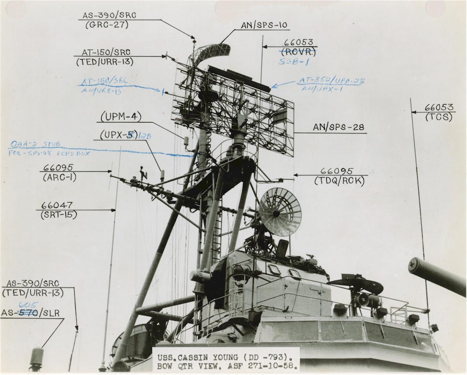 View of antenna of USS Cassin Young immediately after her overhaul at Boston Naval Shipyard, Massachusetts, United States, 1 Oct 1958