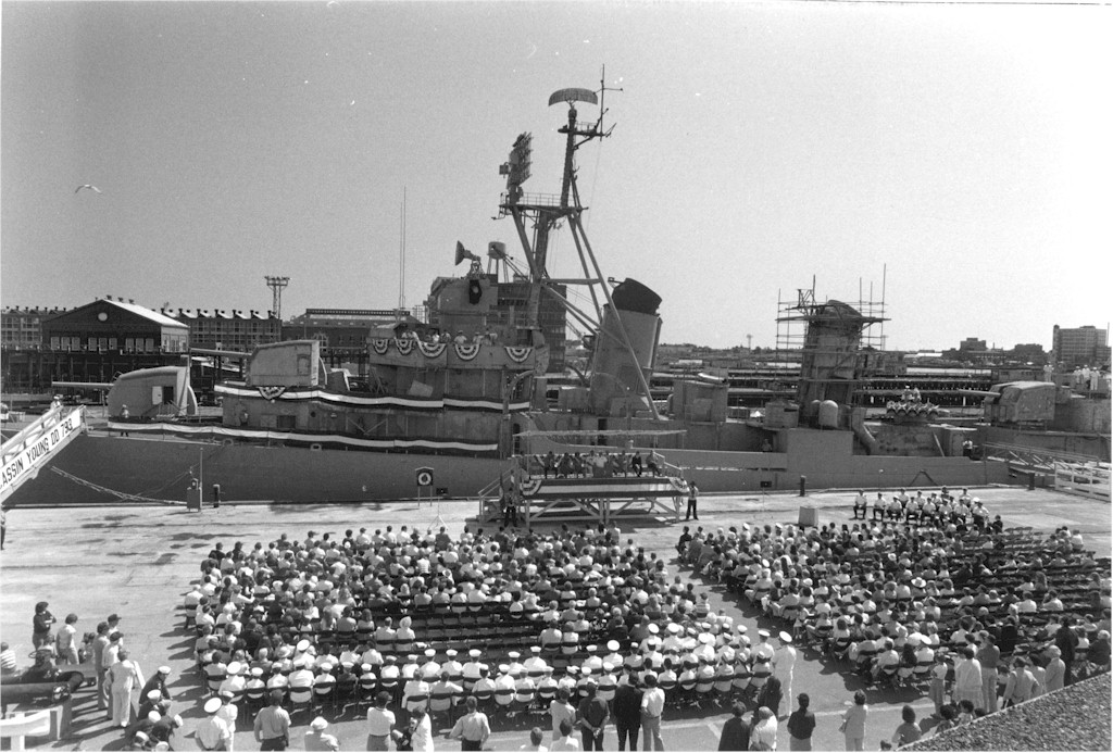 USS Cassin Young being dedicated as a memorial ship, Pier 1 East, Charlestown Navy Yard, Massachusetts, United States, 27 Jun 1981
