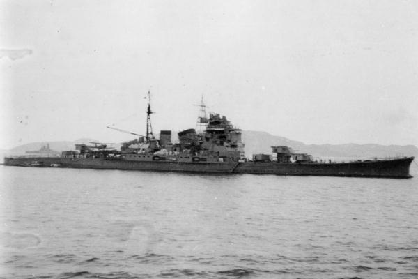 Japanese heavy cruiser Chokai at Truk, Caroline Islands, 20 Nov 1942; note battleship Yamato in background