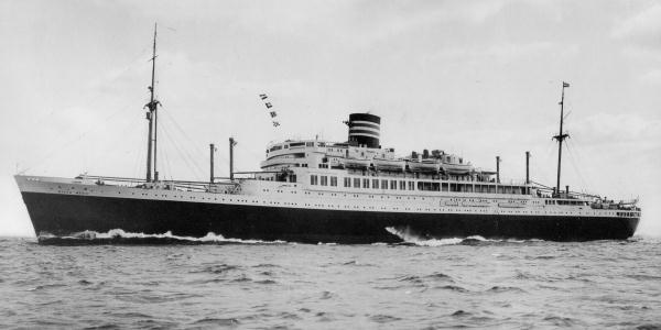 Luxury liner Nitta Maru, off Nagasaki, Japan, Mar 1940; she was converted to escort carrier Chuyo during the war