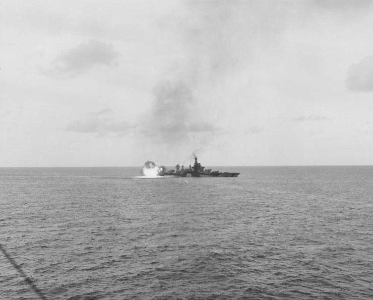 Battleship Colorado bombarding Tarawa, Gilbert Islands, 20 Nov 1943; note Camouflage Measure 32, Design 3D
