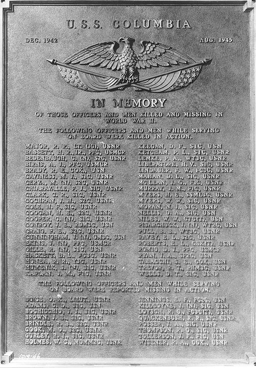Memorial plaque aboard USS Columbia, 1946