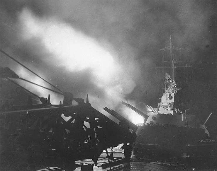 USS Columbia bombarding Japanese positions on Bougainville, Solomon islands, 1 Nov 1943