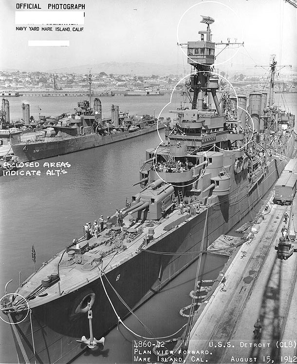 Detroit at the Mare Island Navy Yard, California, United States, 15 Aug 1942, photo 1 of 3; note destroyer Preston in background