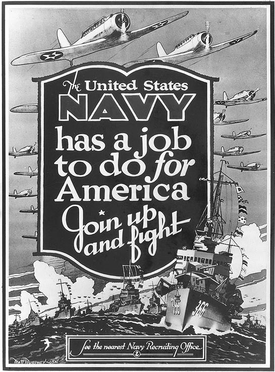 US Navy recruiting poster by Matt Murphey, Oct 1940; note destroyer Drayton featured in the poster
