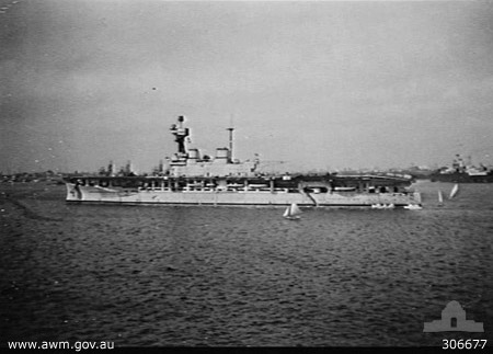 HMS Eagle at Alexandria, Egypt, 20 Jul 1940; note HMS Warspite in background