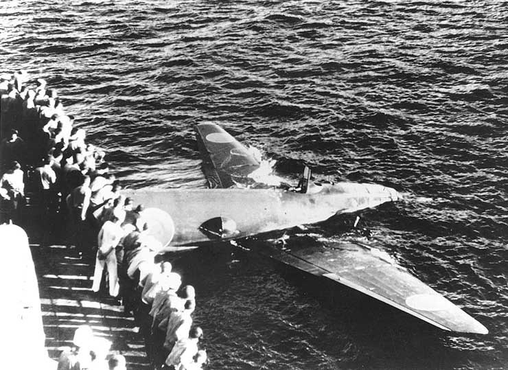 Floating Japanese G4M1 bomber off Tulagi, Solomon Islands, 8 Aug 1942 as seen from the destroyer USS Ellet. The bomber was shot down during an aerial torpedo attack on the Allied shipping off Tulagi. Photo 2 of 2