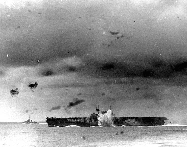Japanese bomb exploded off port side of Enterprise during Battle of the Santa Cruz Islands, 26 Oct 1942