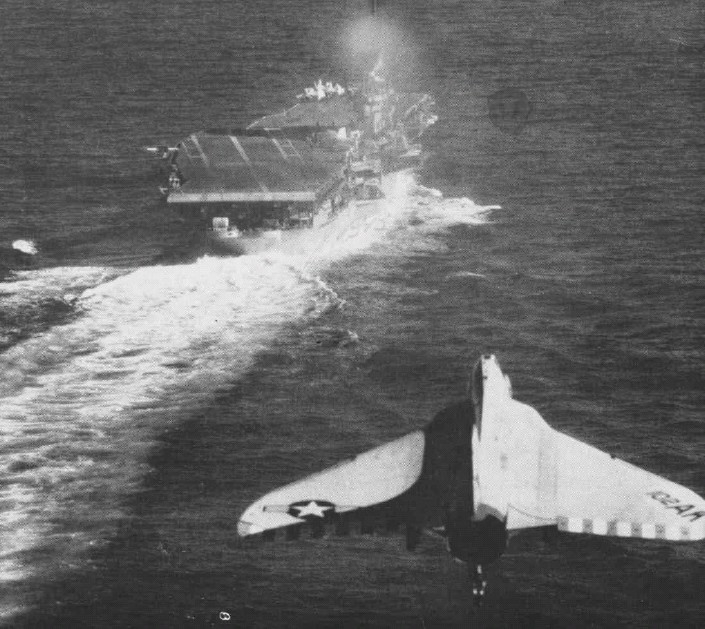 F4D-1 Skyray fighter approaching USS Essex in the Mediterranean Sea, 1959-1960, seen in US Navy Naval Aviation News Sep 1960