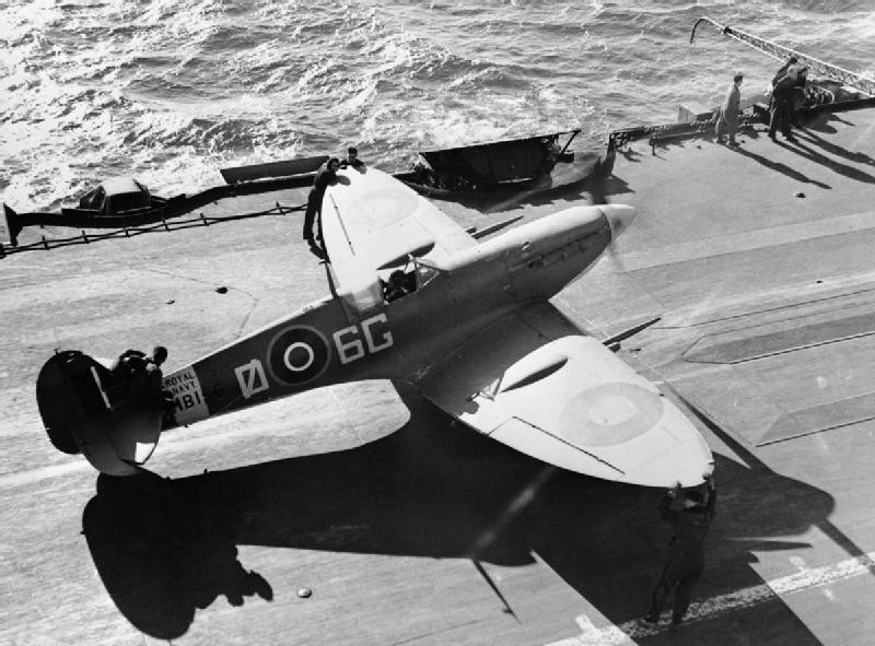 Seafire Mk IIc fighter of No. 885 Squadron FAA aboard HMS Formidable in the Mediterranean Sea, Dec 1942
