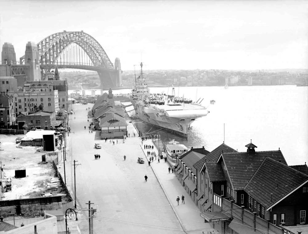 HMS Formidable berthed at the Circular Quay, Sydney, Australia, circa Jan 1945