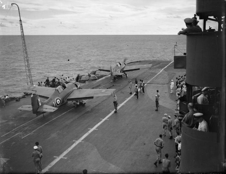 Martlet fighters on the catapult of HMS Formidable, in the Indian Ocean off Madagascar, late Apr to early May 1942