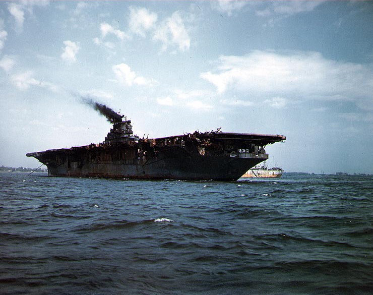 Franklin anchored in New York Harbor, New York, United States, 28 Apr 1945